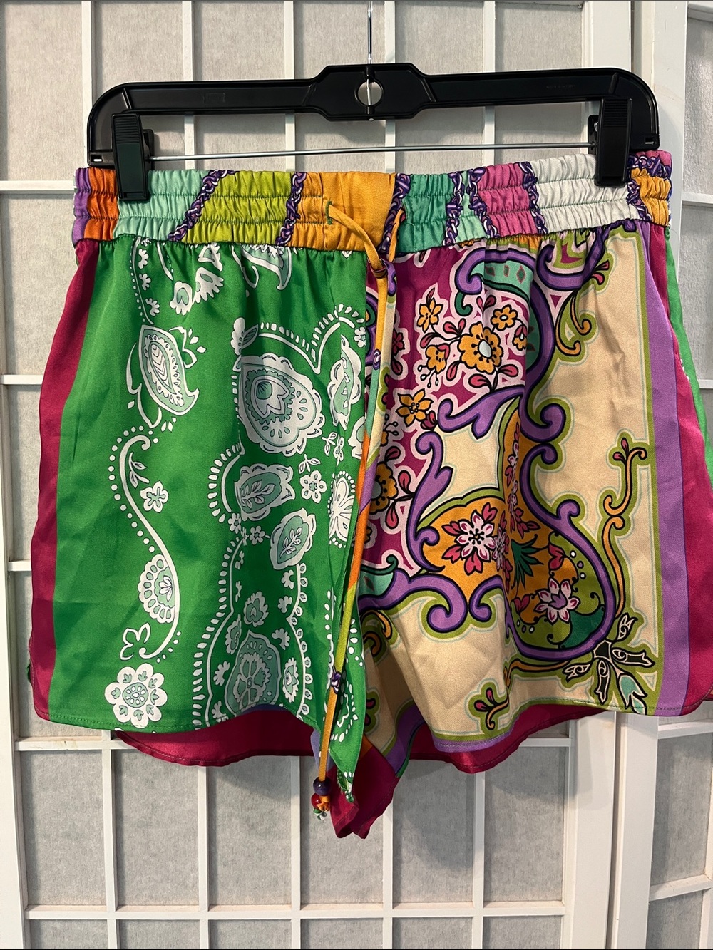 Zara Multicolor Green Pink Purple Paisley Elastic Waist Shorts